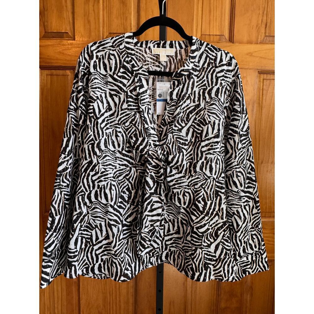 Michael Kors Zebra Print Metallic Blouse Tie-Front Long Sleeve Size XL
